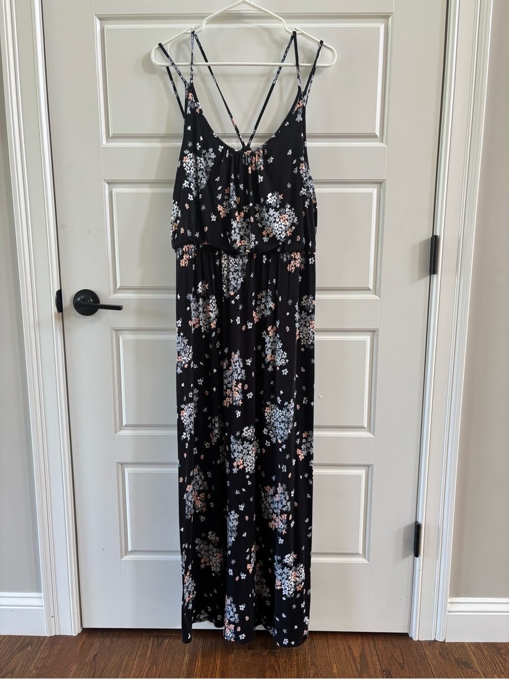 LOFT Floral Maxi Dress Black Sleeveless Strappy Back Size Large